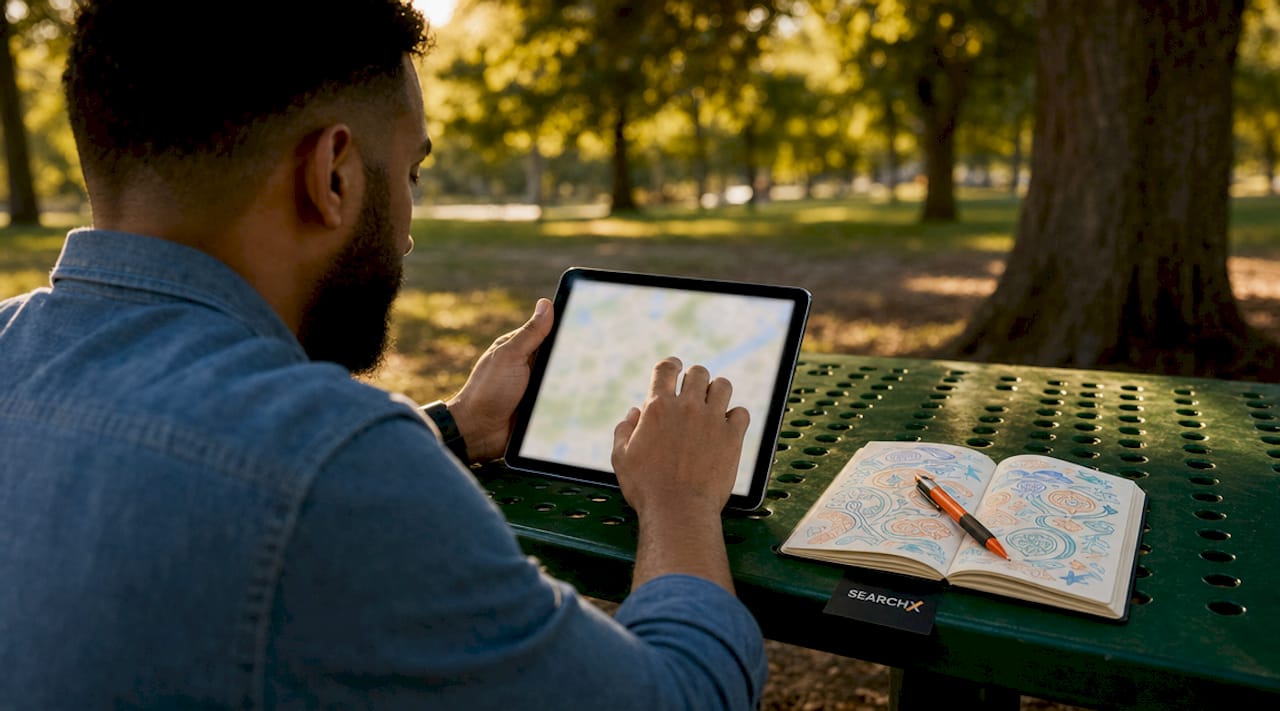 Hands scrolling local business map on smartphone outdoors
