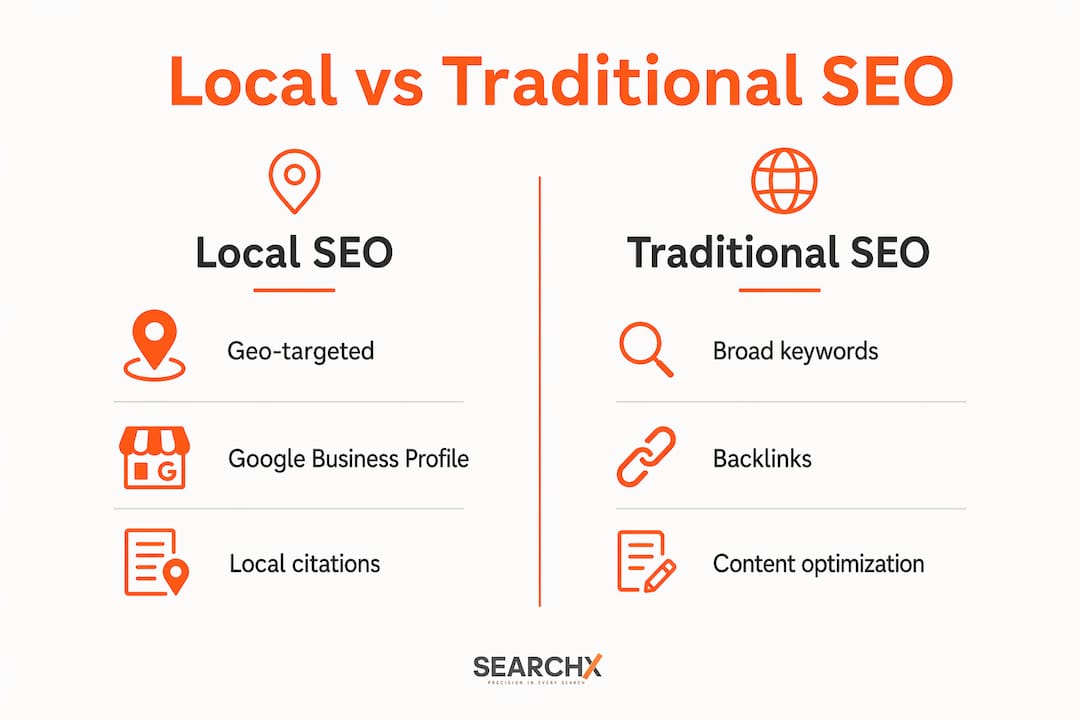 Infographic comparing local SEO and traditional SEO features