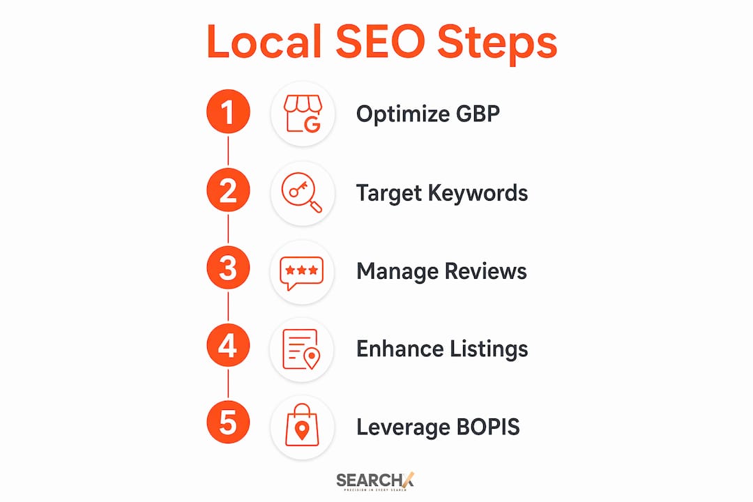 Infographic illustrating local SEO steps to increase foot traffic