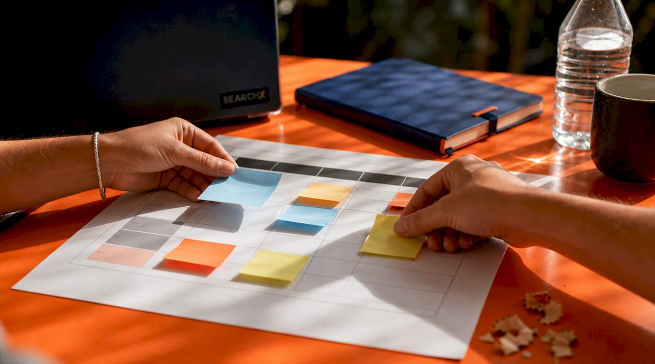 Overhead view of hands arranging SEO content matrix