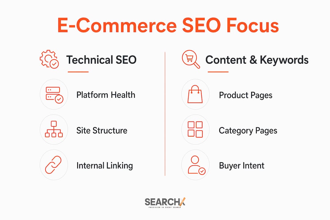 Infographic comparing e-commerce SEO technical and content focus areas