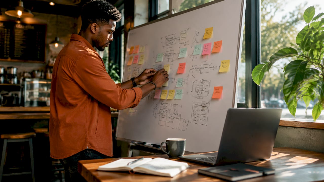 Hands arranging SEO tool planning notes