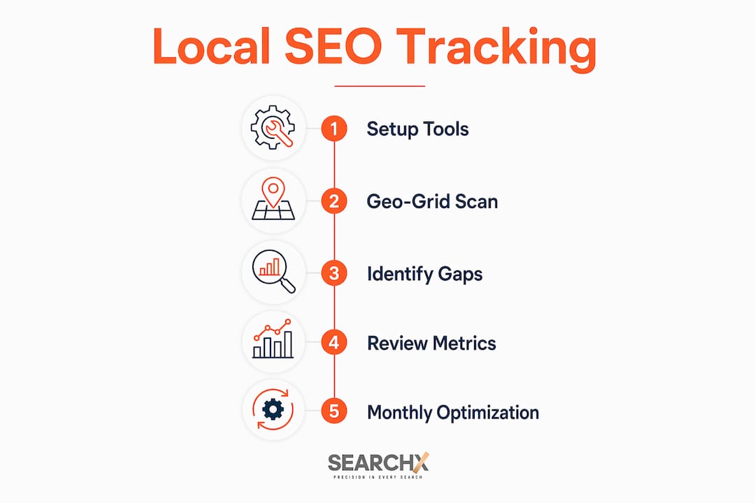 Infographic illustrating steps to track local SEO progress