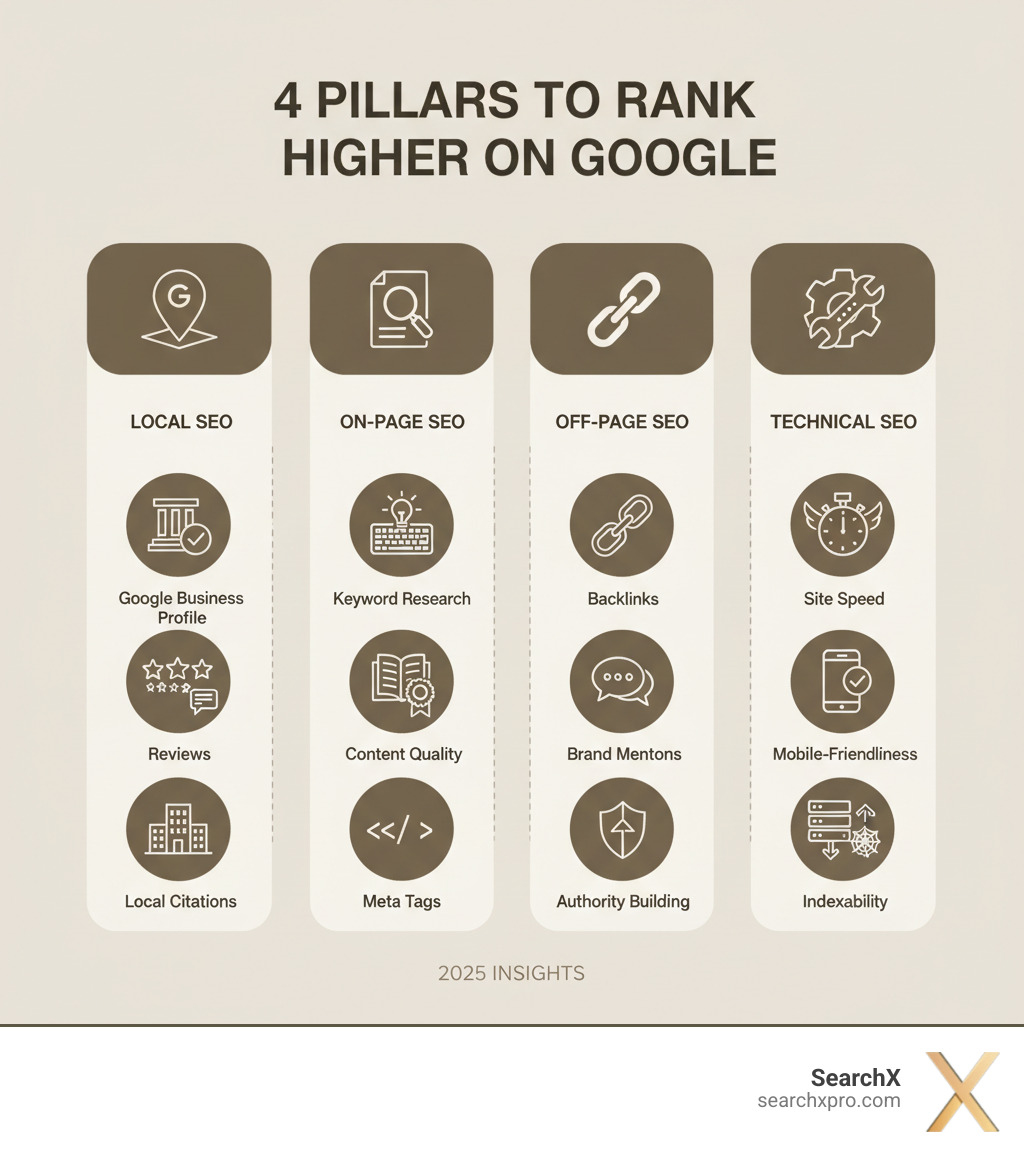 infographic showing the four pillars of ranking higher on Google: Local SEO (Google Business Profile optimization, reviews, local citations), On-Page SEO (keyword research, content quality, meta tags), Off-Page SEO (backlinks, brand mentions, authority building), and Technical SEO (site speed, mobile-friendliness, indexability) - rank higher Google infographic 