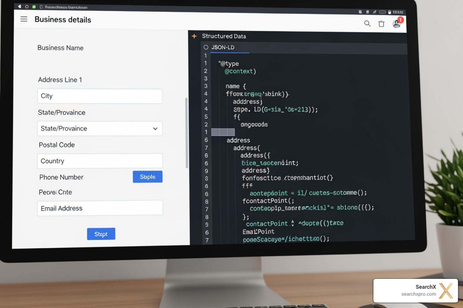 Schema generator tool's user interface showing fields for business information and generated JSON-LD code - how to add local business schema Schema generator tool's user interface showing fields for business information and generated JSON-LD code - how to add local business schema