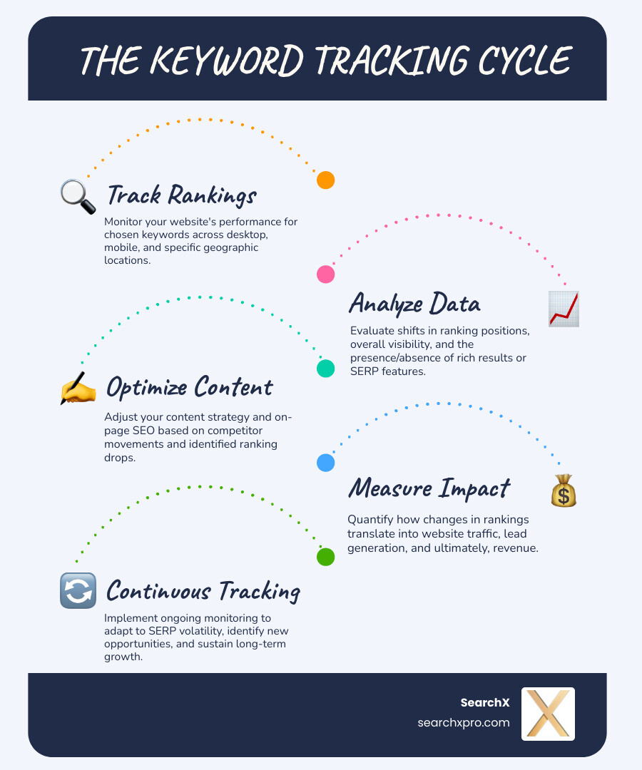 Infographic showing the keyword tracking cycle: Track your rankings across devices and locations → Analyze changes in position, visibility, and SERP features → Optimize content based on competitor movements and ranking drops → Measure impact on traffic, leads, and revenue → Track continuously to maintain and grow results - track website keywords infographic infographic-line-5-steps-blues-accent_colors