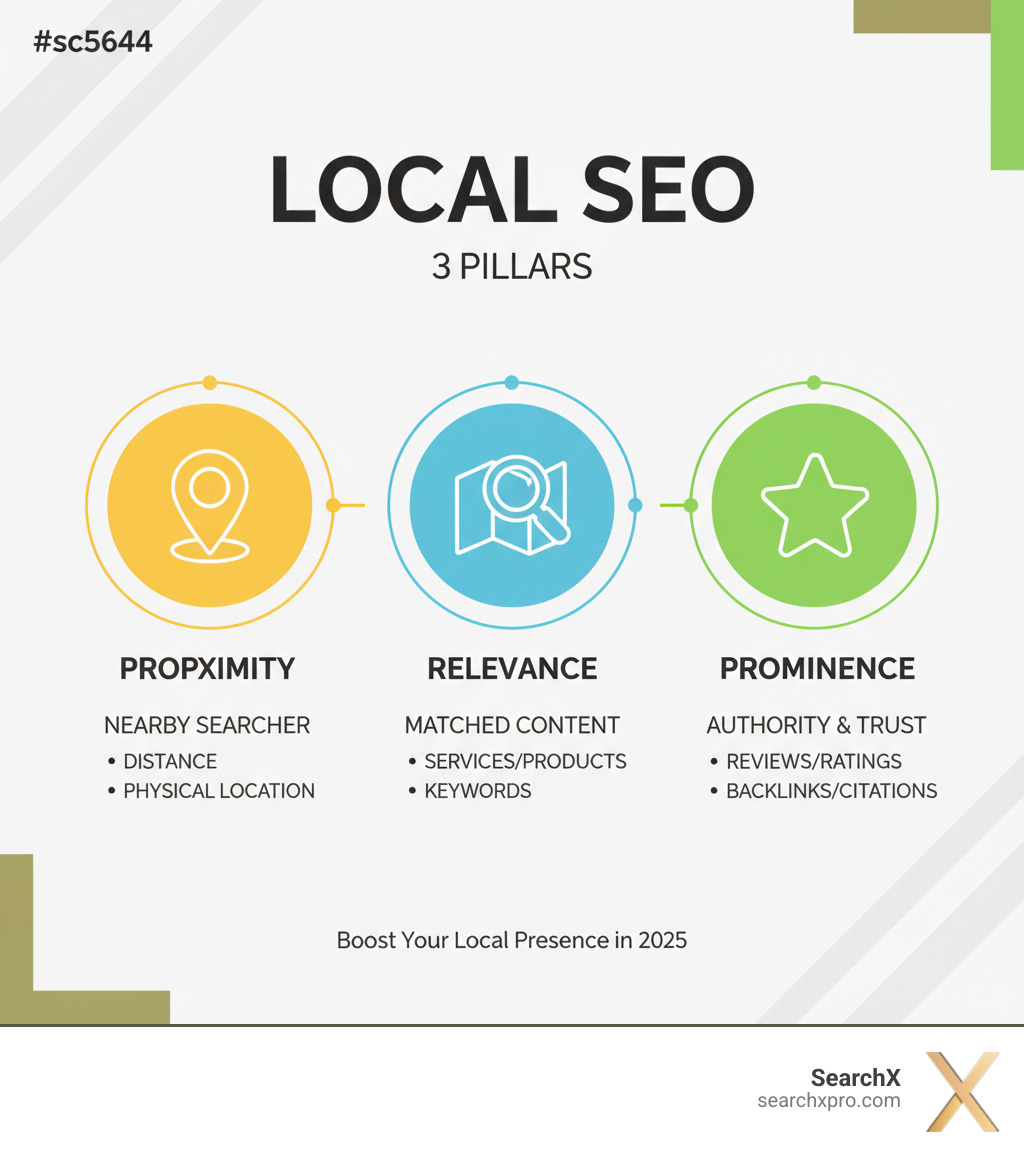 Infographic explaining the 3 pillars of local SEO: Proximity, Relevance, and Prominence - search engine optimization agencies north charleston sc infographic Infographic explaining the 3 pillars of local SEO: Proximity, Relevance, and Prominence - search engine optimization agencies north charleston sc infographic