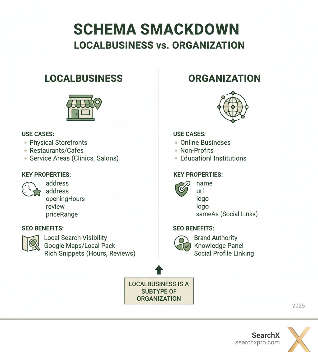 Infographic detailing the differences between LocalBusiness and Organization schema, including use cases, key properties, and SEO benefits. - local business vs organization schema infographic Infographic detailing the differences between LocalBusiness and Organization schema, including use cases, key properties, and SEO benefits. - local business vs organization schema infographic