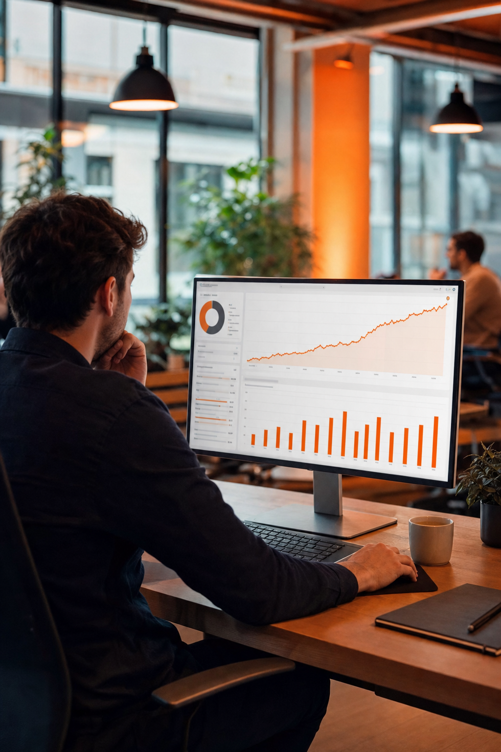 A photorealistic scene of a marketing professional reviewing an SEO performance dashboard on a large monitor in a modern open-plan office, with warm orange accent lighting and organic traffic graphs trending upward. Alt: SEO agency for service businesses reviewing performance dashboard.
