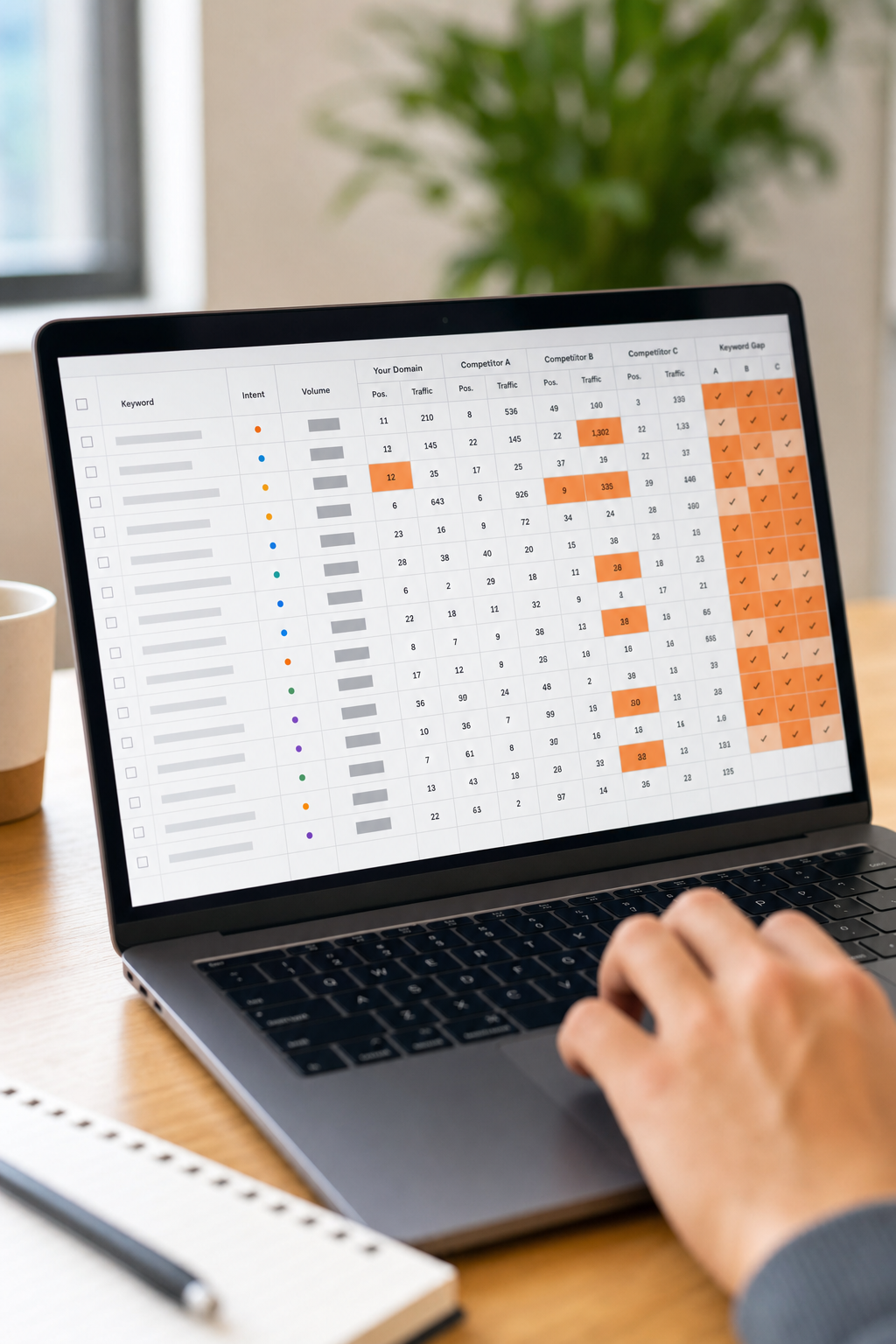 A close-up of a competitive SEO analysis spreadsheet on a laptop screen in a bright workspace, with competitor keyword gap data and orange highlighted cells. Alt: Competitor analysis SEO strategy for service businesses.